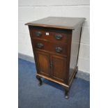AN EDWARDIAN MAHOGANY MUSIC CABINET with two drawers, width 53cm x depth 47cm x height 96cm