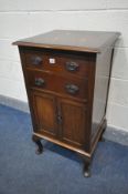 AN EDWARDIAN MAHOGANY MUSIC CABINET with two drawers, width 53cm x depth 47cm x height 96cm