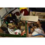 FIVE BOXES AND LOOSE SUNDRY ITEMS ETC, to include a vintage Tonka tractor unit, Hornby and Triang