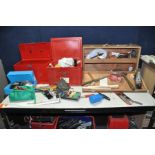 A WOODEN CARPENTERS TOOLBOX AND TWO BOXES containing hand tools including a Stanley Bailey No4