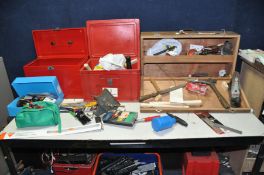 A WOODEN CARPENTERS TOOLBOX AND TWO BOXES containing hand tools including a Stanley Bailey No4