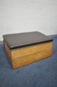 A VINTAGE GYM VAULTING BENCH, comes in two sections with a brown leatherette top, on rise and fall