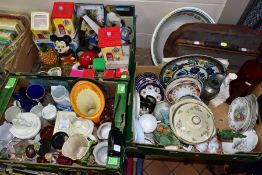 THREE BOXES AND LOOSE SUNDRY CERAMICS AND NOVELTY ITEMS ETC, to include a Wade pipe stand, two
