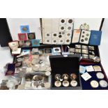 A LARGE BOX CONTAINING COINS MEDALS AND COMMEMORATIVES, to include some silver coins, a boxed