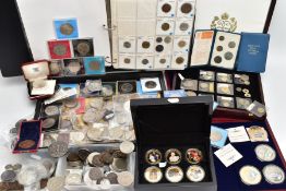 A LARGE BOX CONTAINING COINS MEDALS AND COMMEMORATIVES, to include some silver coins, a boxed