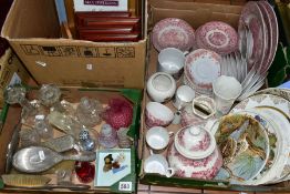 TWO BOXES OF GLASSWARE, SILVER PLATED DRESSING TABLE ITEMS, FRAMES, ETC, including a five piece