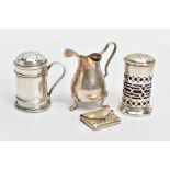 A MINIATURE SILVER CREAMER, SUGAR CASTER, PEPPERETTE AND A STAMP HOLDER, the creamer of a plain