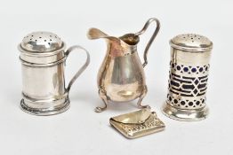 A MINIATURE SILVER CREAMER, SUGAR CASTER, PEPPERETTE AND A STAMP HOLDER, the creamer of a plain