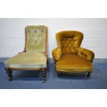 A LATE VICTORIAN WALNUT SCROLL BACK CHAIR, and a buttoned back bedroom chair (2)