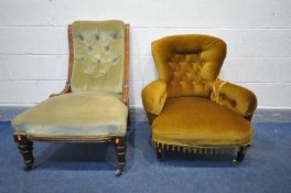 A LATE VICTORIAN WALNUT SCROLL BACK CHAIR, and a buttoned back bedroom chair (2)