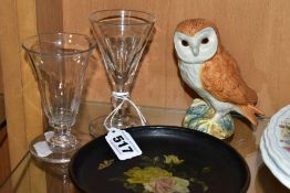 A BESWICK BARN OWL, MODEL NO. 2026, TWO LATE GEORGIAN DRINKING GLASSES AND A PAPIER MACHE PLATE,