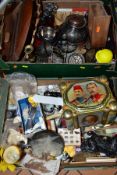 TWO BOXES OF SUNDRY ITEMS ETC, to include a mother of pearl shell carved with a fisherman,