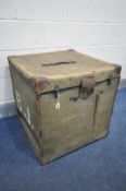 A VINTAGE GREEN CANVAS CUBED TRUNK, with an internal tray, and stencilled B.J to the sides, 63cm
