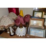 A BOX AND LOOSE FRAMED PICTURES AND TABLE LAMPS, to include twenty prints and empty frames, a