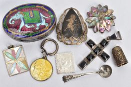 A SELECTION OF WHITE METAL ITEMS, to include an oval white metal and enamelled trinket box,