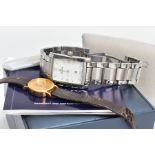 TWO BULOVA WATCHES, a gents mechanical steel watch with a rectangular white face, silver coloured