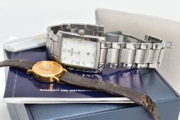 TWO BULOVA WATCHES, a gents mechanical steel watch with a rectangular white face, silver coloured