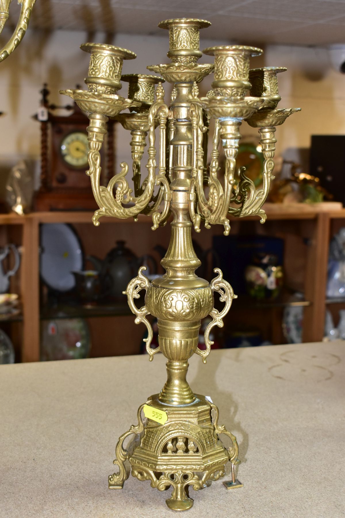 THREE BRASS CANDELABRA, one large candelabrum with five branches around a central sconce, the stem - Image 2 of 15