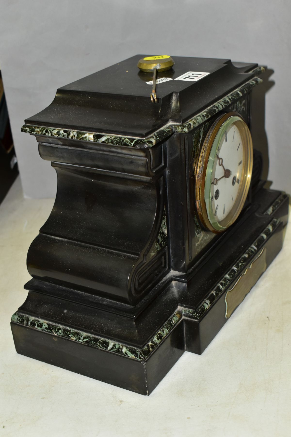 A LATE VICTORIAN BLACK SLATE AND MARBLE MANTEL CLOCK, the white enamel dial with Roman numerals, - Image 7 of 7