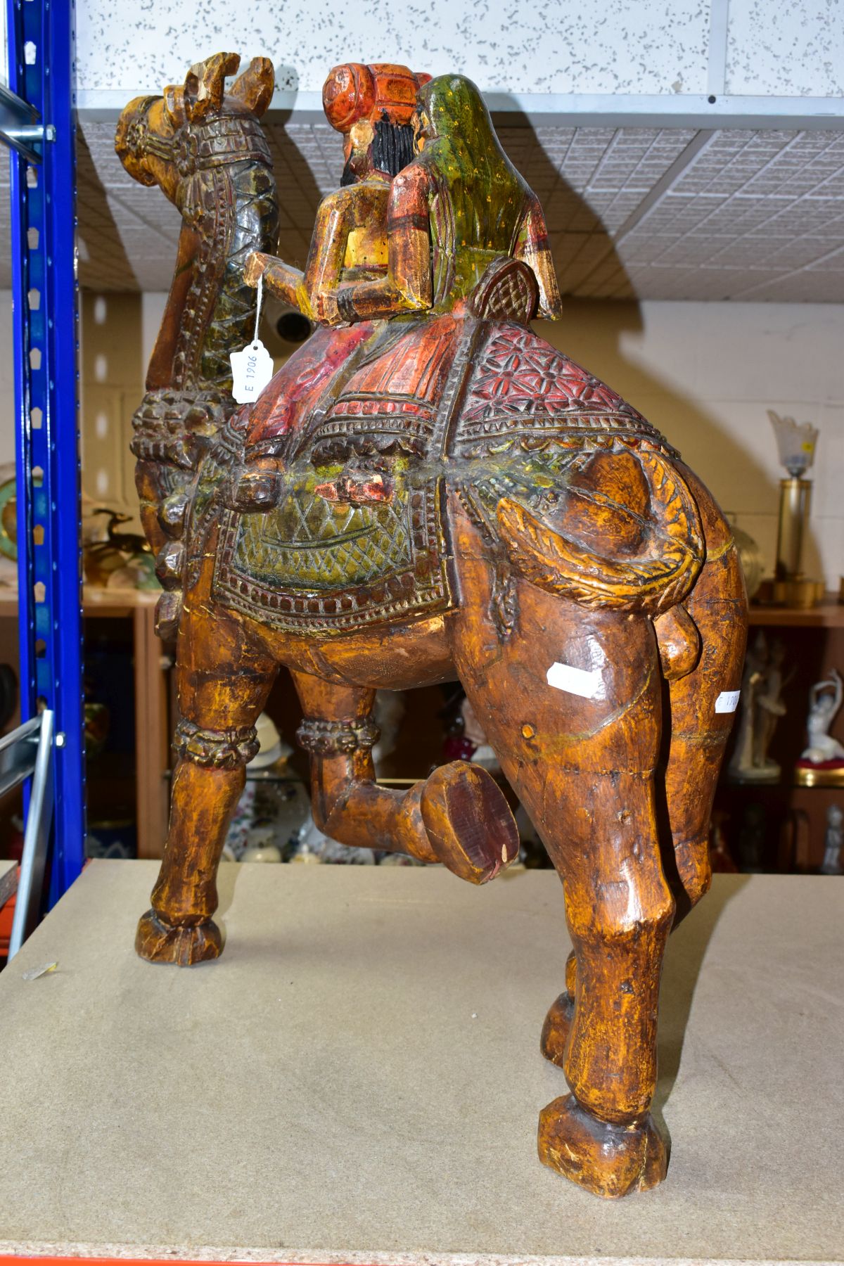 A LARGE WOODEN CARVED CAMEL WITH RIDERS, with carved and painted details, it may depict the - Image 4 of 9