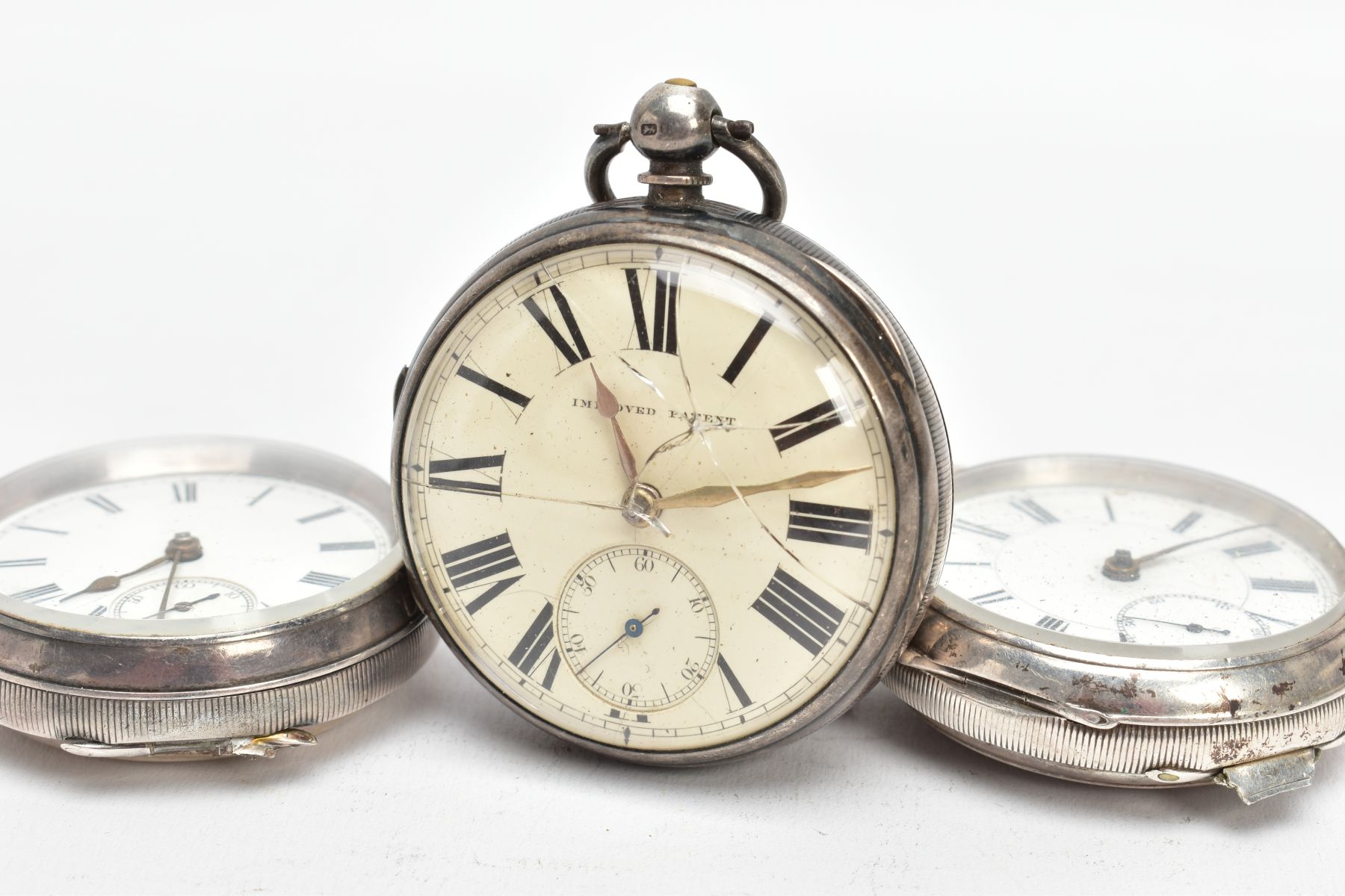 THREE SILVER OPENFACE POCKET WATCHES, the first with a round cream dial signed 'Improved Patent', - Image 4 of 8