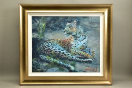 ROLF HARRIS (AUSTRALIAN 1930) 'LEOPARD RECLINING AT DUSK', a signed limited edition print 35/195, no