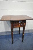 A GEORGIAN MAHOGANY DROP LEAF WORK TABLE, with two drawers, on turned legs, open length 77cm x