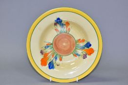 A CLARICE CLIFF BIZARRE 'CROCUS' PATTERN SOUP PLATE, impressed marks and worn printed marks to back,