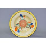 A CLARICE CLIFF BIZARRE 'CROCUS' PATTERN SOUP PLATE, impressed marks and worn printed marks to back,