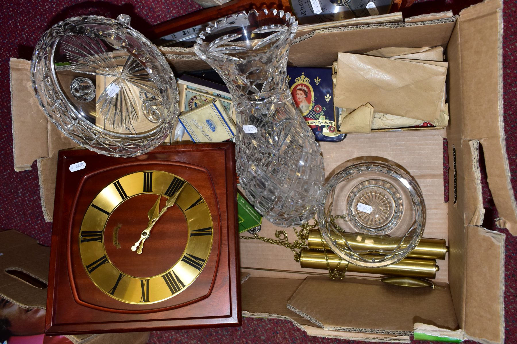 A BOX OF GLASSWARES, CIGARETTE CARDS, VINTAGE CIGARETTE PACKETS, A WALL CLOCK, A BAROMETER AND - Image 6 of 6