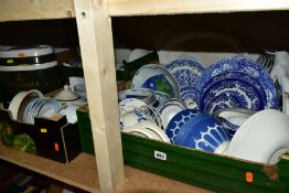 FOUR BOXES AND LOOSE CERAMIC DINNERWARES ETC, to include a box of blue and white ceramics