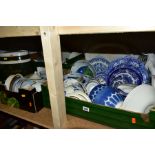 FOUR BOXES AND LOOSE CERAMIC DINNERWARES ETC, to include a box of blue and white ceramics