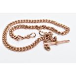 A 9CT GOLD WATCH CHAIN, curb link chain fitted with two swivel clasps, also suspending a T-bar, each