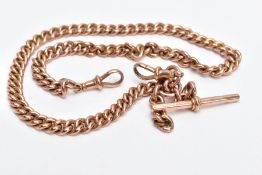 A 9CT GOLD WATCH CHAIN, curb link chain fitted with two swivel clasps, also suspending a T-bar, each