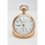 A ROLLED GOLD OPEN FACE POCKET WATCH, round white dial signed 'Fattorini & Sons Ltd, Westgate,