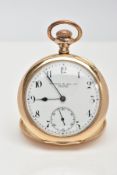 A ROLLED GOLD OPEN FACE POCKET WATCH, round white dial signed 'Fattorini & Sons Ltd, Westgate,