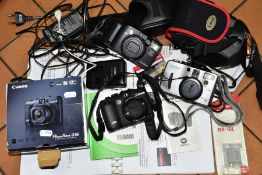 A BOX OF CAMERAS AND PHOTOGRAPHIC EQUIPMENT, to include a boxed Canon Powershot G16 with cable,