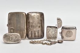 A SILVER CIGARETTE CASE, SOVEREIGN CASE, TWO VESTAS AND A BRACELET, the cigarette case of a