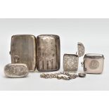 A SILVER CIGARETTE CASE, SOVEREIGN CASE, TWO VESTAS AND A BRACELET, the cigarette case of a