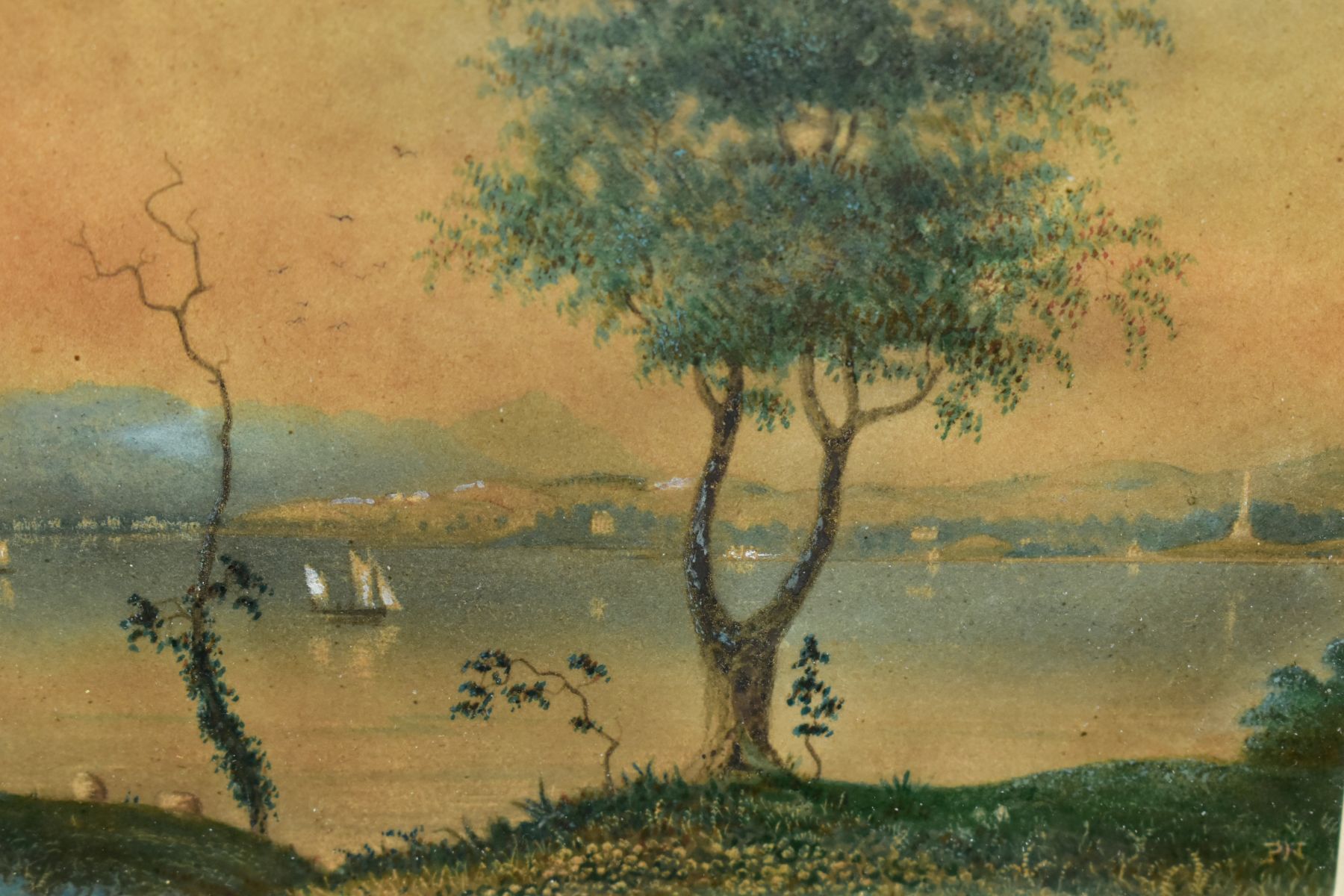 A 19TH CENTURY WATERCOLOUR DEPICTING A VIEW ACROSS A LOUGH, initialled P.N., bears a paper label - Image 3 of 5