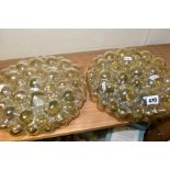 A PAIR OF VINTAGE CEILING LIGHT FITTINGS OF CIRCULAR FORM, the moulded glass shades in the form of
