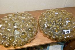 A PAIR OF VINTAGE CEILING LIGHT FITTINGS OF CIRCULAR FORM, the moulded glass shades in the form of