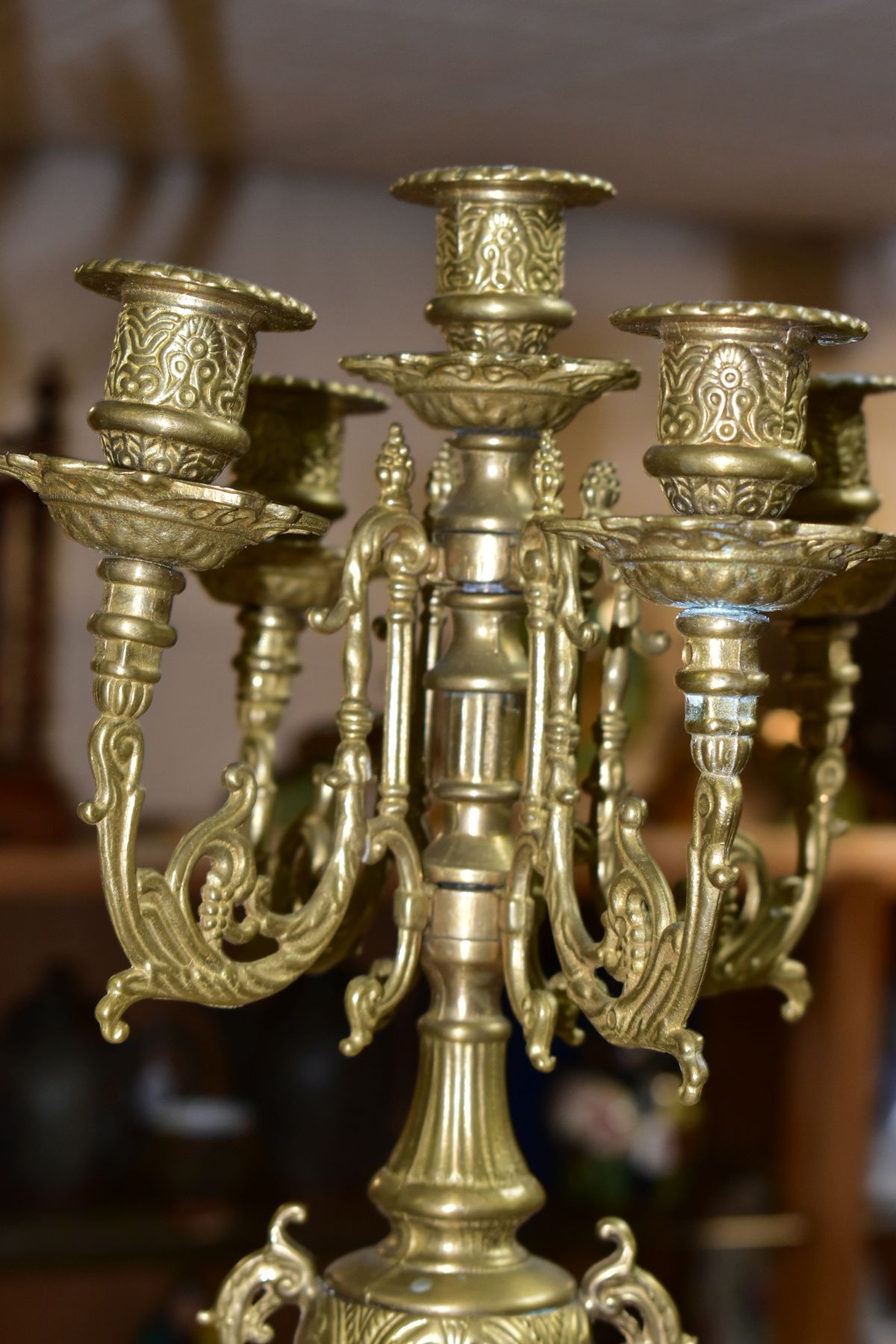 THREE BRASS CANDELABRA, one large candelabrum with five branches around a central sconce, the stem - Image 4 of 15