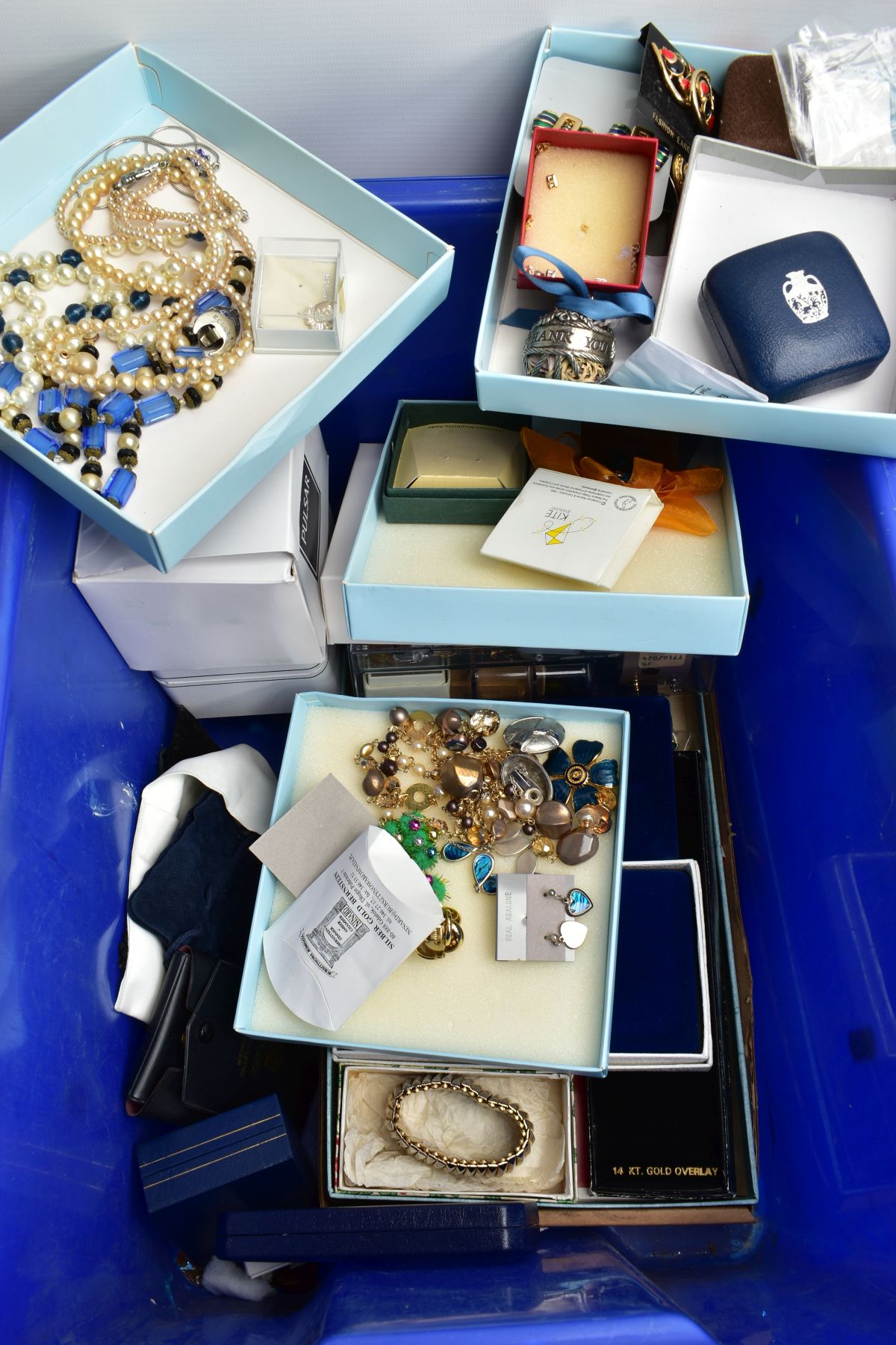 TWO BOXES OF MOSTLY COSTUME JEWELLERY, to include a boxed unused 'Mappin & Webb' tan colour travel - Image 9 of 11