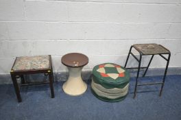 A MID-CENTURY TAM TAM STYLE PLASTIC STOOL, along with a metal stool, circular leatherette stool (