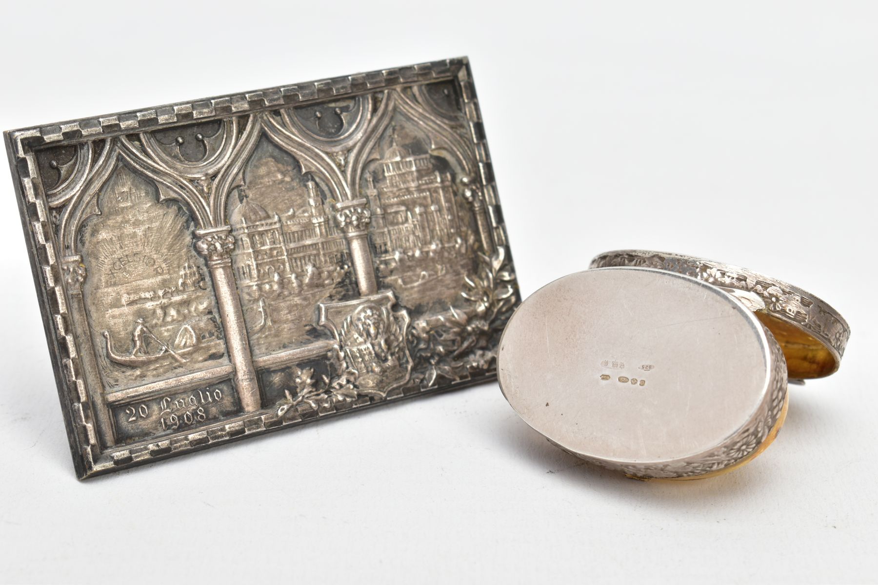 A SILVER BOX AND A PLAQUE, a silver box depicting a man on a horse and women playing instruments, - Image 4 of 4