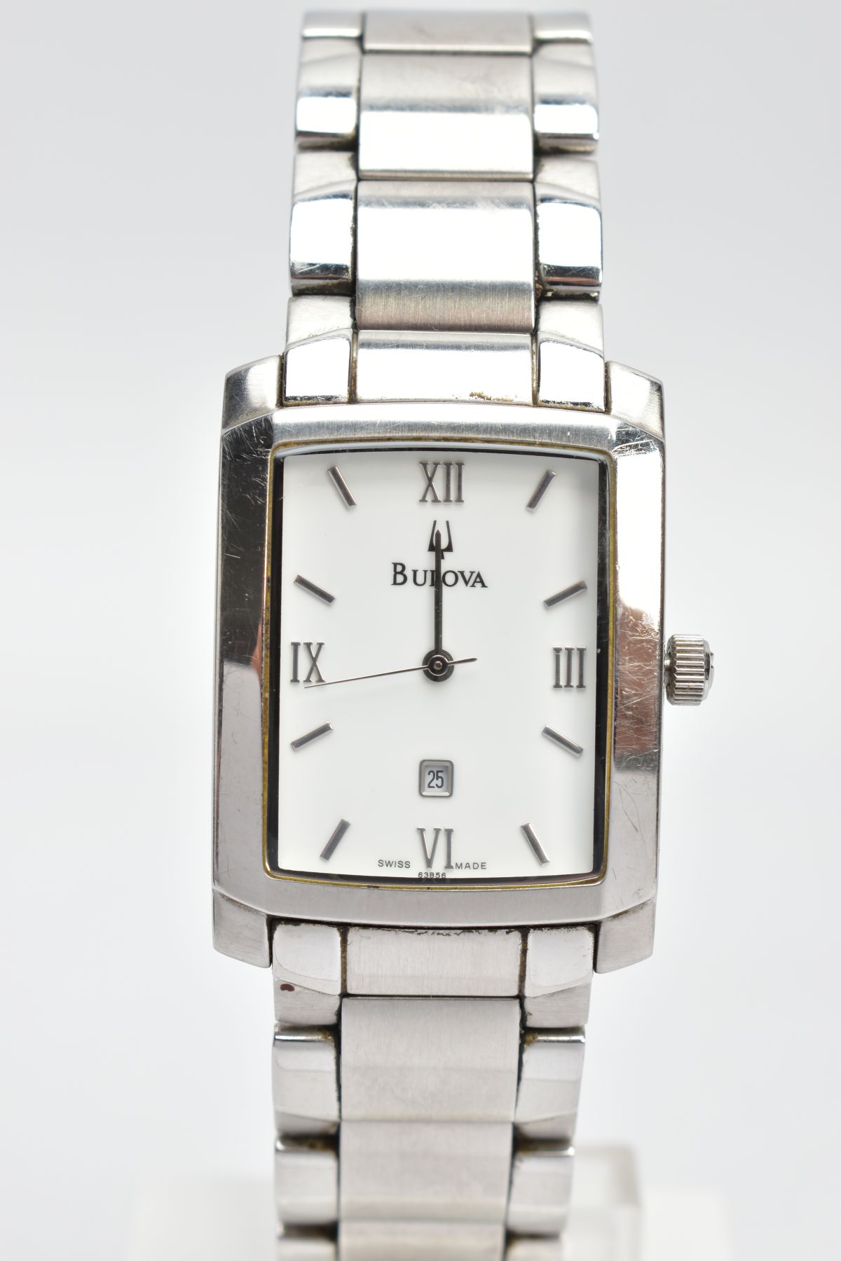 TWO BULOVA WATCHES, a gents mechanical steel watch with a rectangular white face, silver coloured - Image 3 of 6