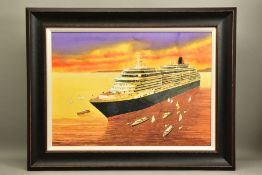 PETER J RODGERS (BRITISH CONTEMPORARY), 'LEAVING PORT - QUEEN VICTORIA', a Cunard cruise liner at