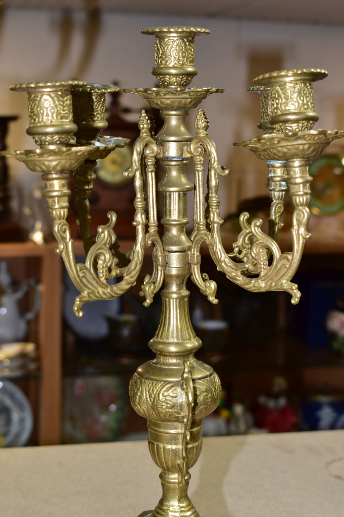 THREE BRASS CANDELABRA, one large candelabrum with five branches around a central sconce, the stem - Image 9 of 15