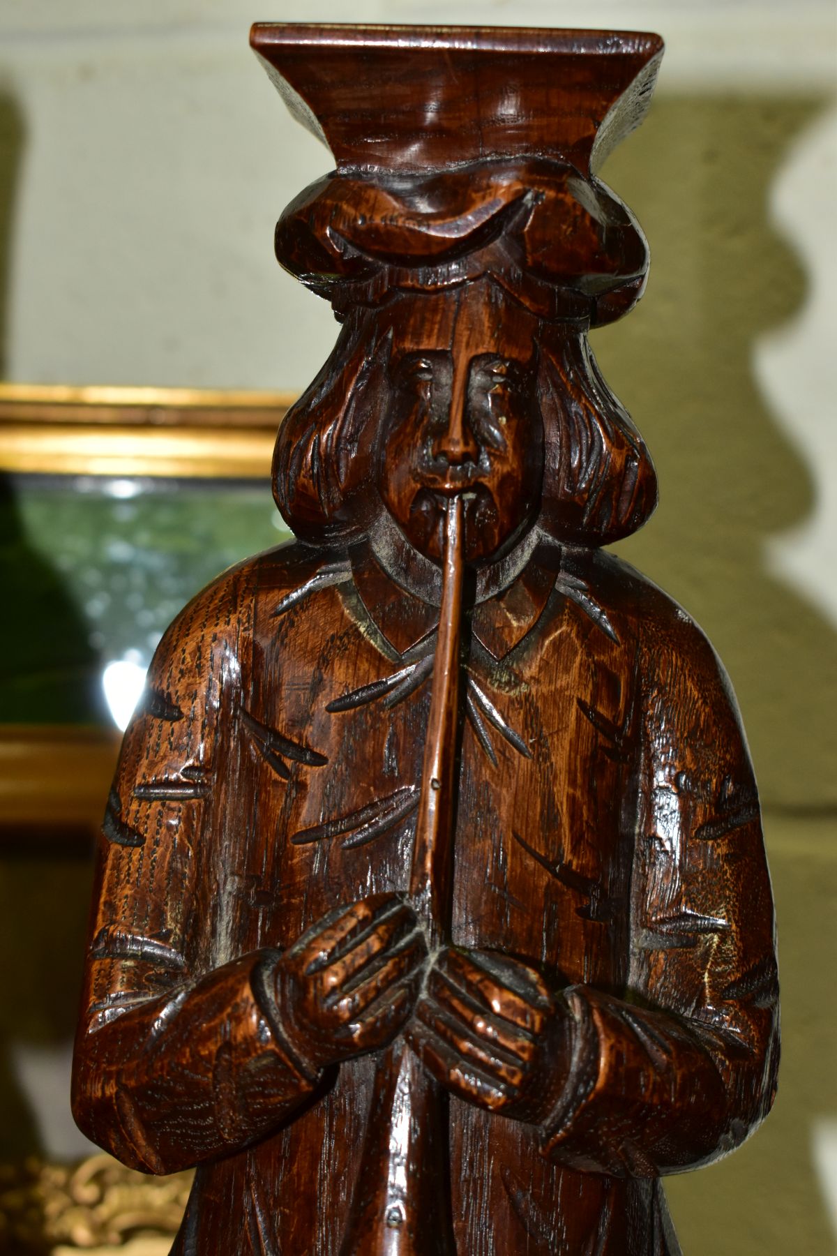 A PAIR OF CARVED OAK CORBELS OF MALE AND FEMALE MUSICIANS TOGETHER WITH THREE PICTURES AND A PEDAL - Image 4 of 5